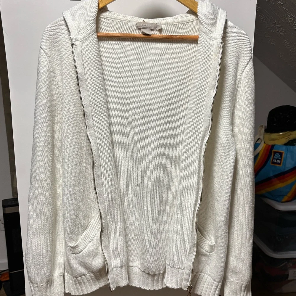 J. Crew white, knit full zipper hoodie, size large